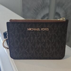 Michael Kors Dark Brown MK Logo Zip Card Case with Gold Hardware
